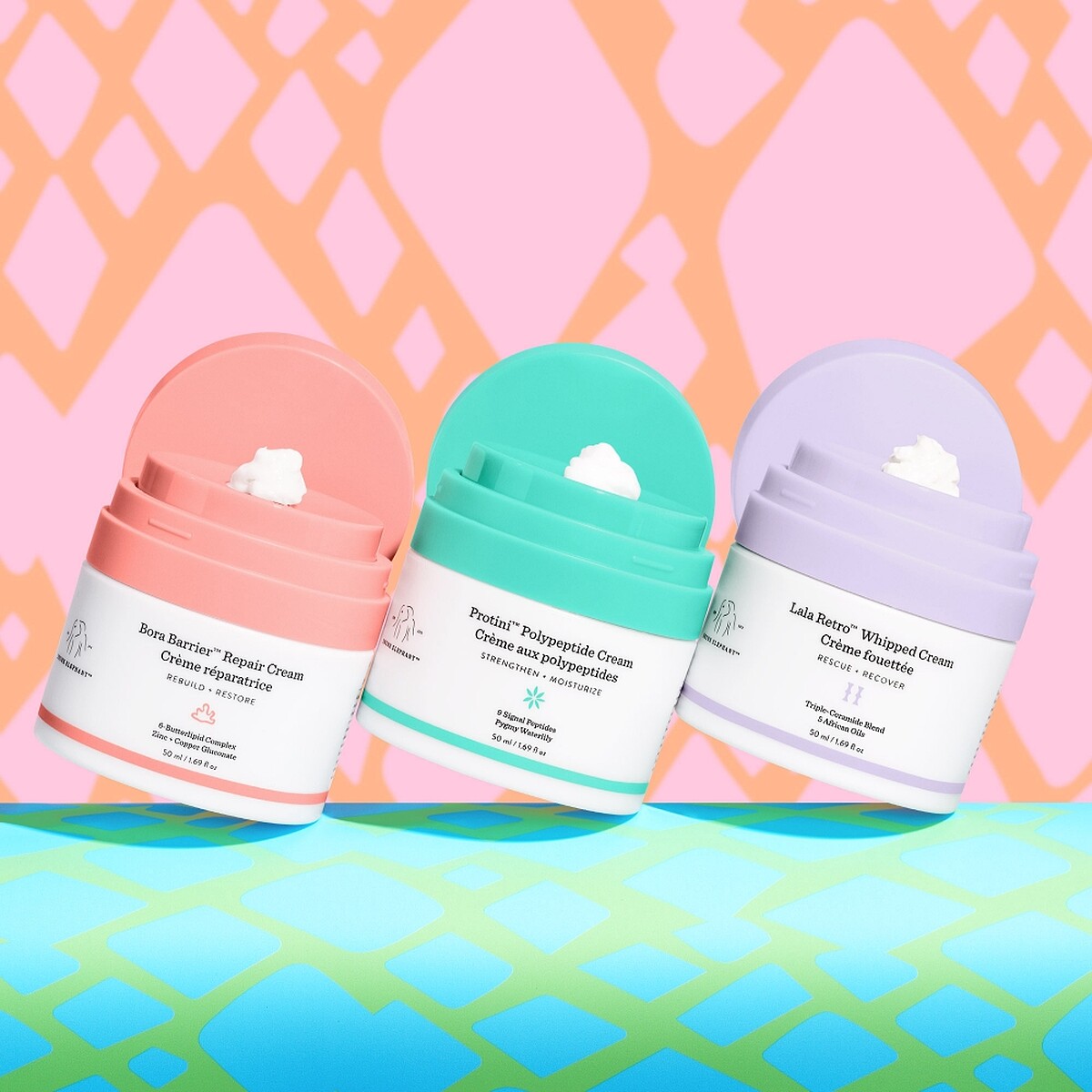 (左起)Drunk Elephant醉象波拉深層修復霜、多胜肽緊緻抗老霜、拉拉全效修護霜。