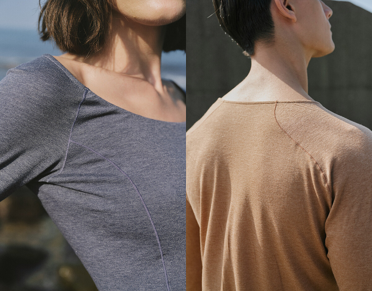 左：美麗諾羊毛U領短版上衣（七分袖），右：美麗諾羊毛圓領合身上衣