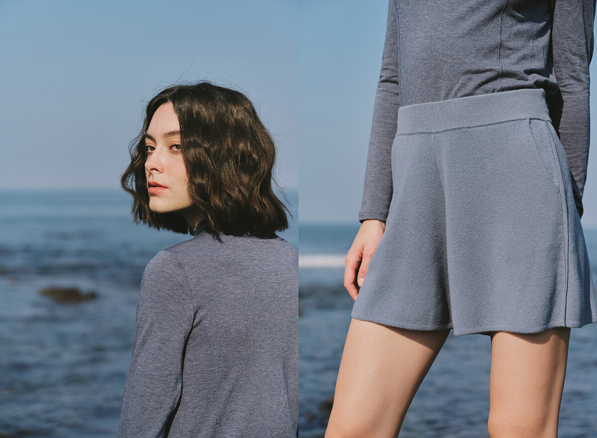 左：美麗諾羊毛小高領上衣，右：中腰寬鬆針織短褲