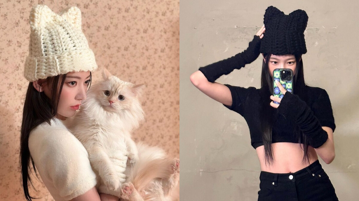 宮脇咲良戴著貓咪造型的毛帽跟小貓合照，巨可愛。