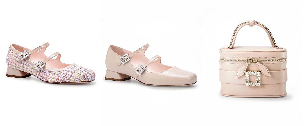 Tr&eacute;s Vivier 櫻花粉毛呢瑪莉珍鞋，NT51,000、Tr&eacute;s Vivier 牛奶糖色瑪莉珍鞋，NT51,000、Vanity 牛奶糖色鑽扣化妝包，NT59,900