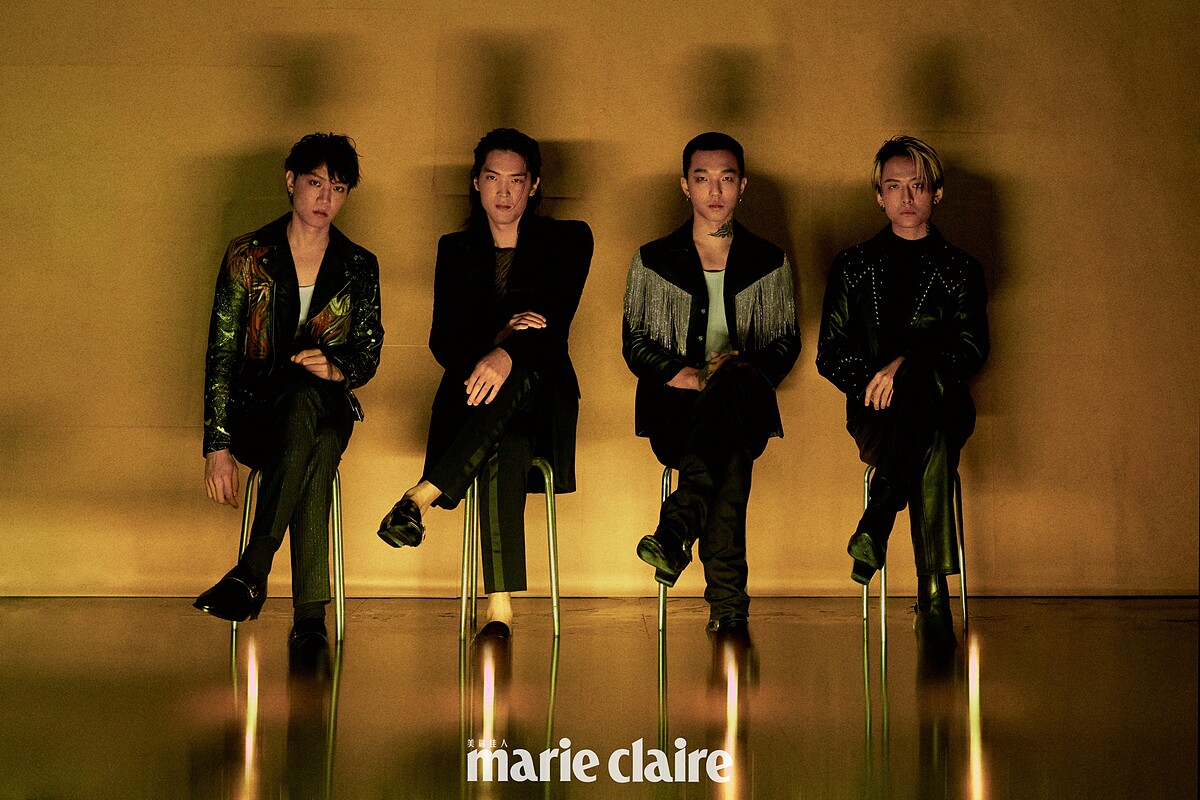 李沂邦／黑色皮革塗鴉騎士外套、黑色搭釦皮鞋，all by CELINE；白色無袖背心，Calvin Klein；金蔥細紋西褲，AllSaints。鄭光良／黑色寬鬆西裝外套、黑色西裝長褲、黑色漆皮方頭皮鞋，all by Saint Laurent；咖啡色動物紋上衣，John Varvatos。蔡維澤／鑽飾流蘇黑色皮革外套、黑色丹寧長褲、黑色壓花高筒跟靴，all by CELINE；白色無袖背心，AllSaints。徐維均／黑色鉚釘皮革外套、黑色立領針織毛衣、黑色皮革搭釦中筒跟靴，all by CELINE；黑色皮革長褲，AllSaints。