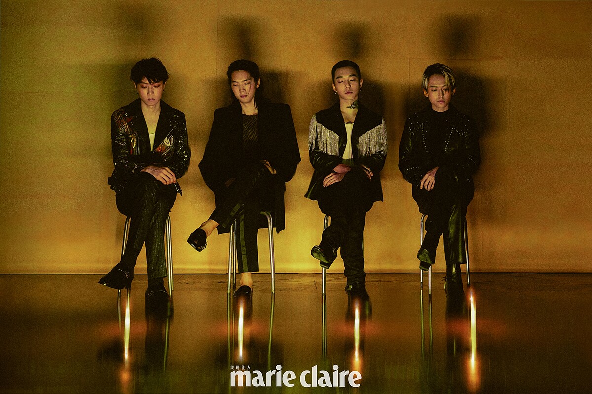 李沂邦／黑色皮革塗鴉騎士外套、黑色搭釦皮鞋，all by CELINE；白色無袖背心，Calvin Klein；金蔥細紋西褲，AllSaints。鄭光良／黑色寬鬆西裝外套、黑色西裝長褲、黑色漆皮方頭皮鞋，all by Saint Laurent；咖啡色動物紋上衣，John Varvatos。蔡維澤／鑽飾流蘇黑色皮革外套、黑色丹寧長褲、黑色壓花高筒跟靴，all by CELINE；白色無袖背心，AllSaints。徐維均／黑色鉚釘皮革外套、黑色立領針織毛衣、黑色皮革搭釦中筒跟靴，all by CELINE；黑色皮革長褲，AllSaints。