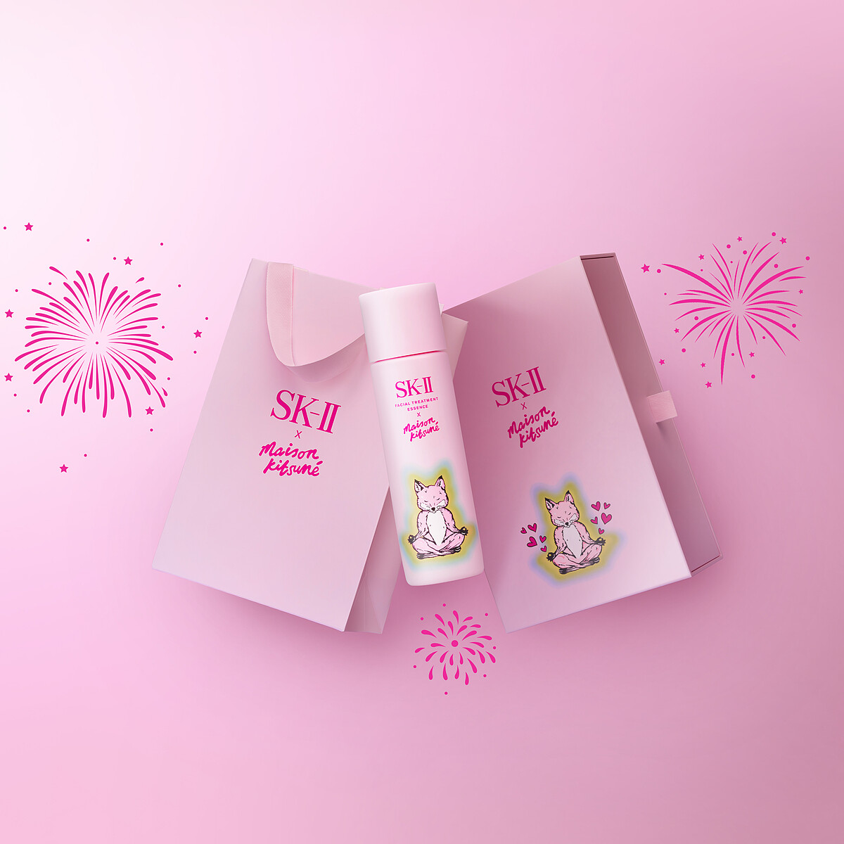 SK-II x Maison Kitsun&eacute;限量版青春露粉紅瓶禮盒包裝。