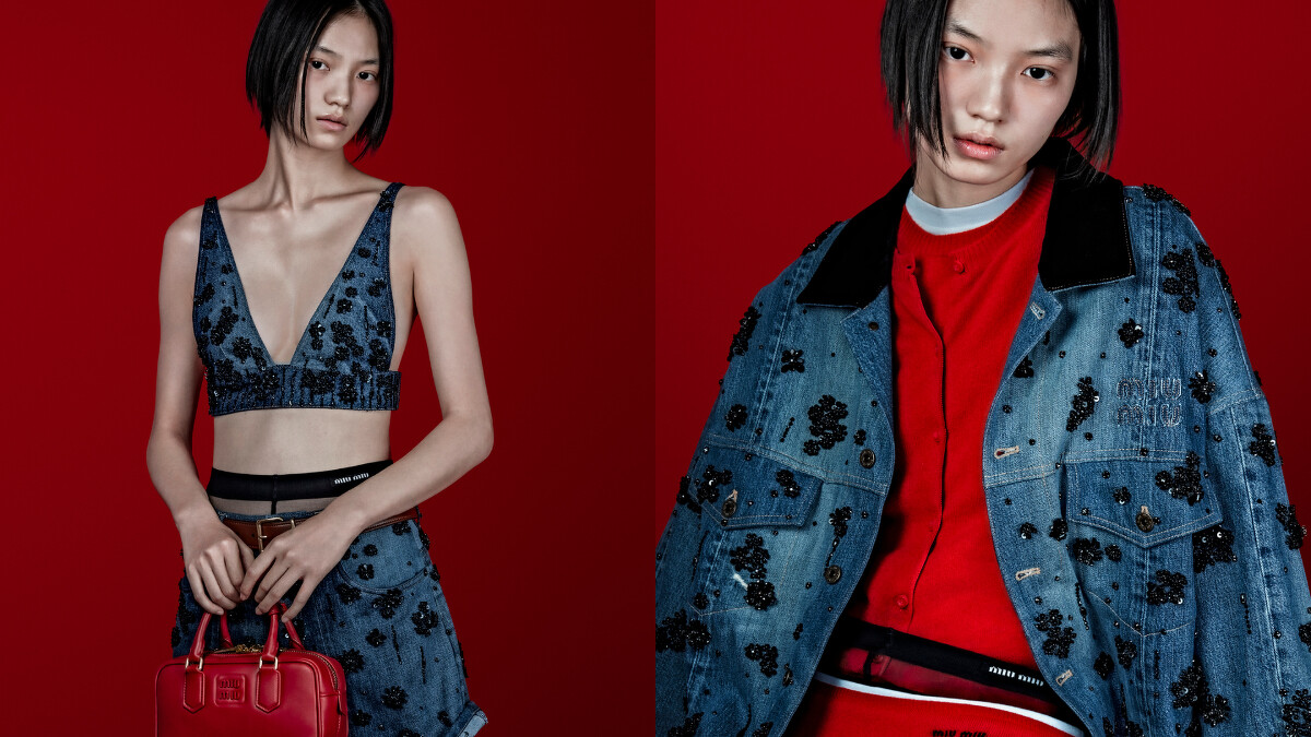 模特兒 Huijia Chen 在 Jet Swan 的掌鏡下，拍攝一系列形象，為 2024 Miu Miu Upcycled 系列注入嶄新的活力。