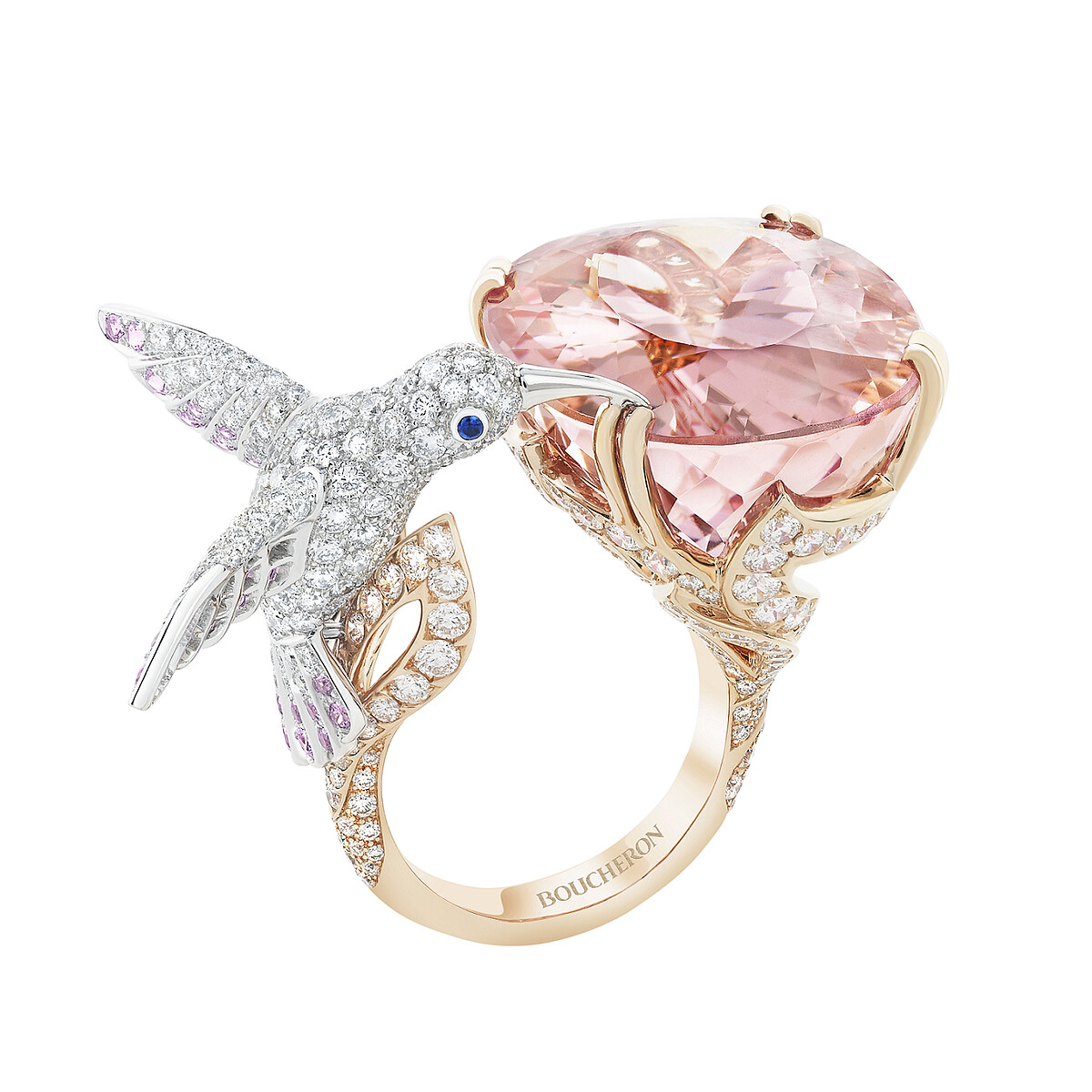 BOUCHERON Animaux 動物系列Hopi戒指,18K白金和玫瑰鑲嵌摩根石、粉色藍寶石、藍色藍寶石和鑽石,台幣參考價格 4,290,000