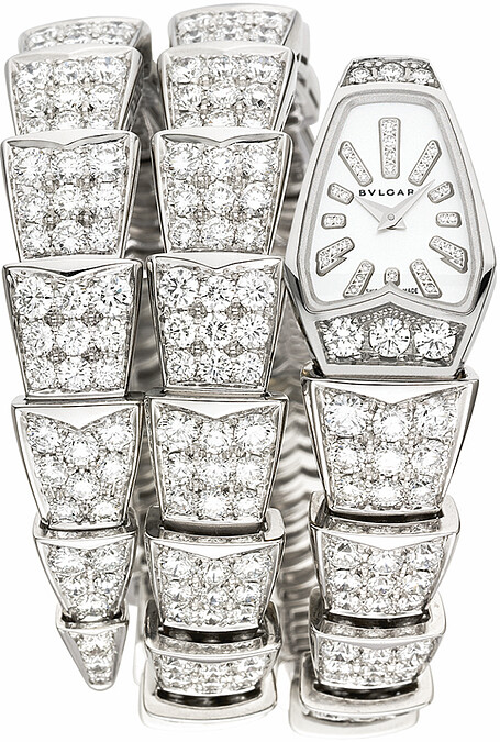 BVLGARI SERPENTI系列頂級鑲鑽白金雙圈腕錶