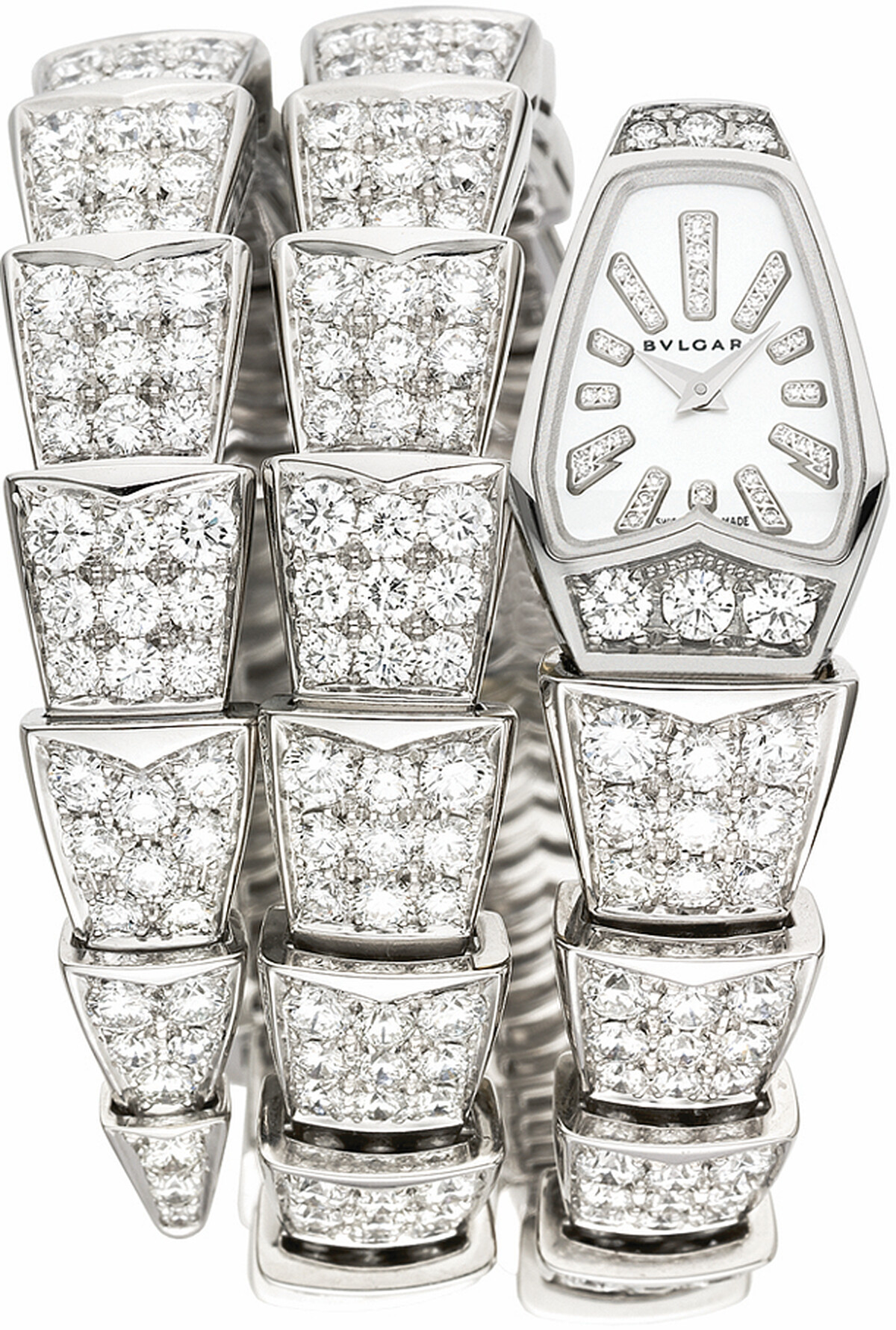 BVLGARI SERPENTI系列頂級鑲鑽白金雙圈腕錶