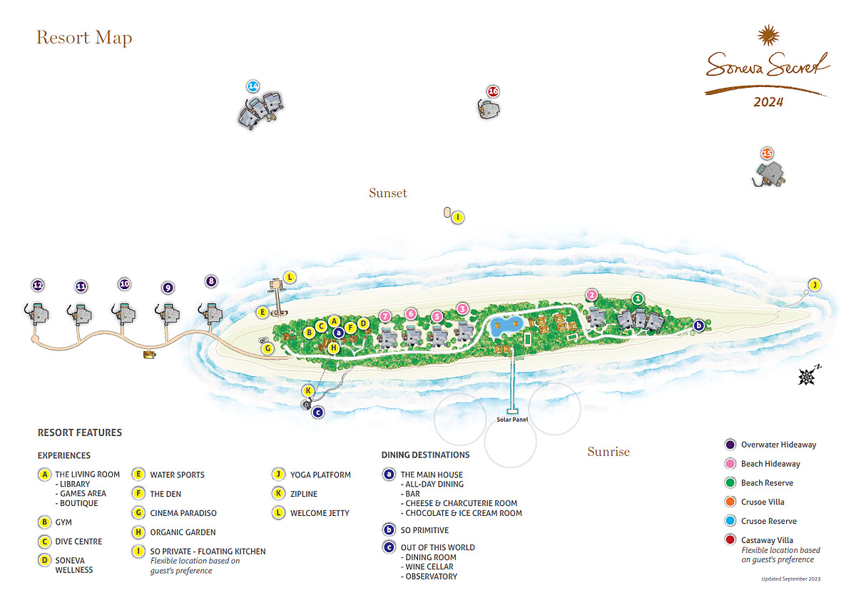 Soneva Secret渡假村場地平面圖，編號16就是漂浮別墅Castaway Villa