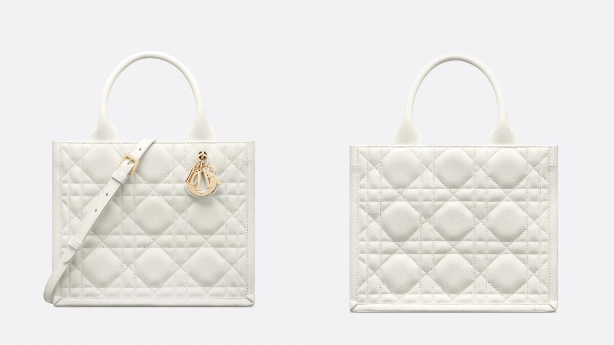 Dior Book Tote 奶油白籐格紋皮革小型款托特包，NT$115,000。