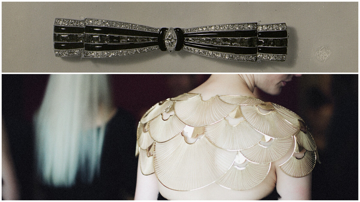 Boucheron於1925年打造的蝴蝶結鑽石胸針（上）及2016年問世的 Cape de Lumi&egrave;re璀璨披肩
