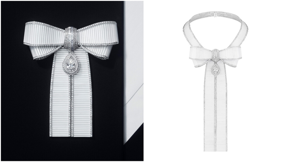 Noeud蝴蝶結項鍊（右），可拆卸為胸針單獨配戴