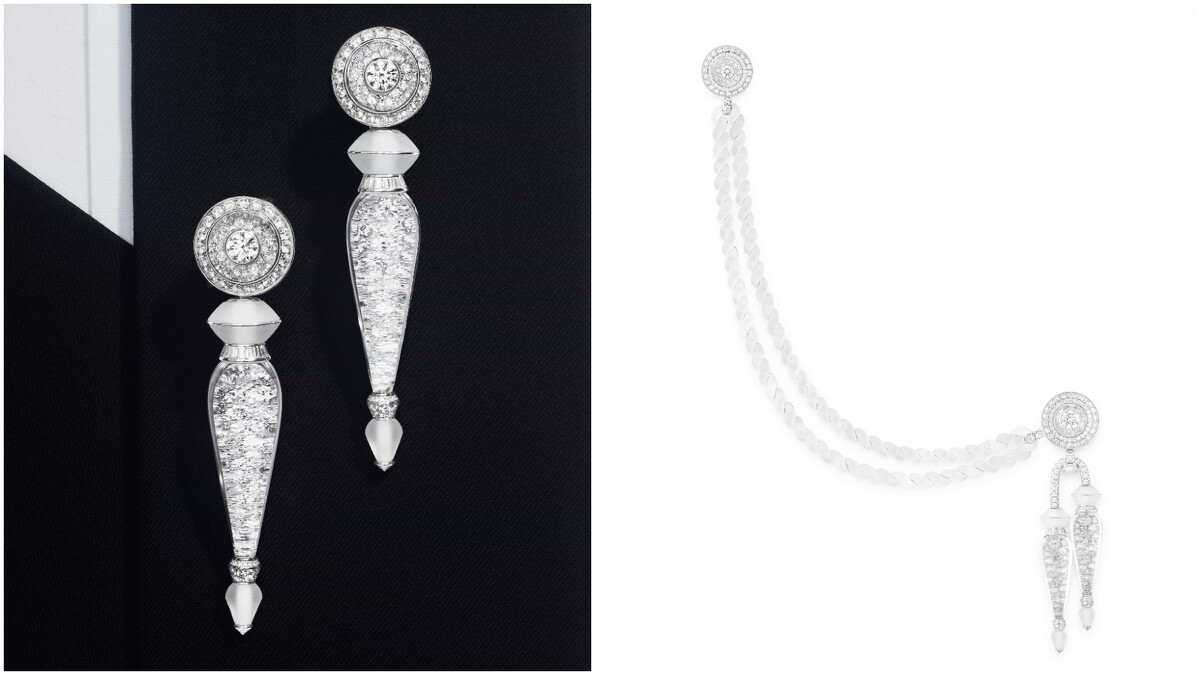 Aiguillette飾帶項鍊（右，可化為胸針配戴）及耳環