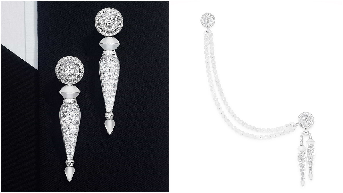 Aiguillette飾帶項鍊(右,可化為胸針配戴)及耳環