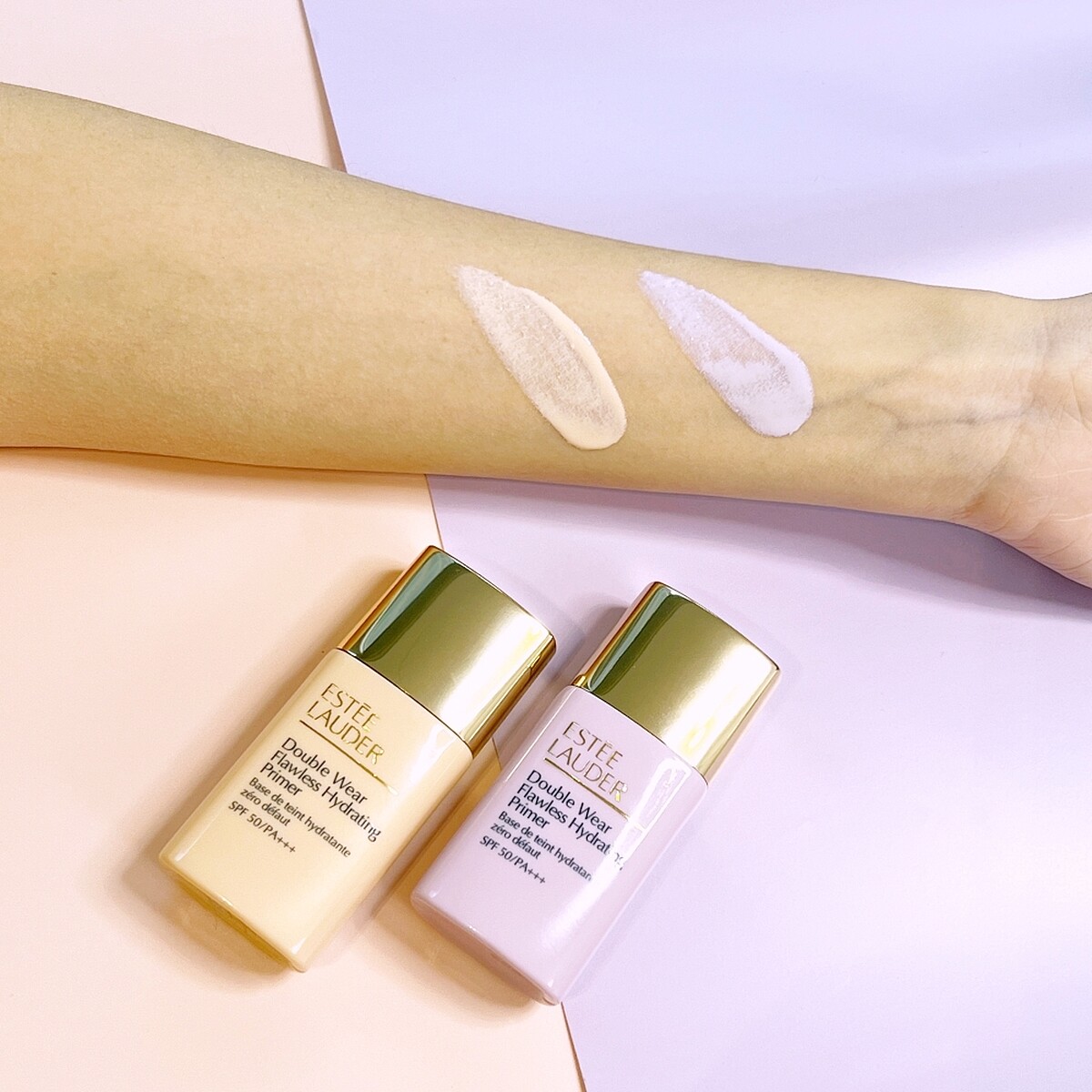 雅詩蘭黛粉持久氣色美美蜜桃乳SPF50/PA+++(柔和桃、仙氣紫)，NT2,200