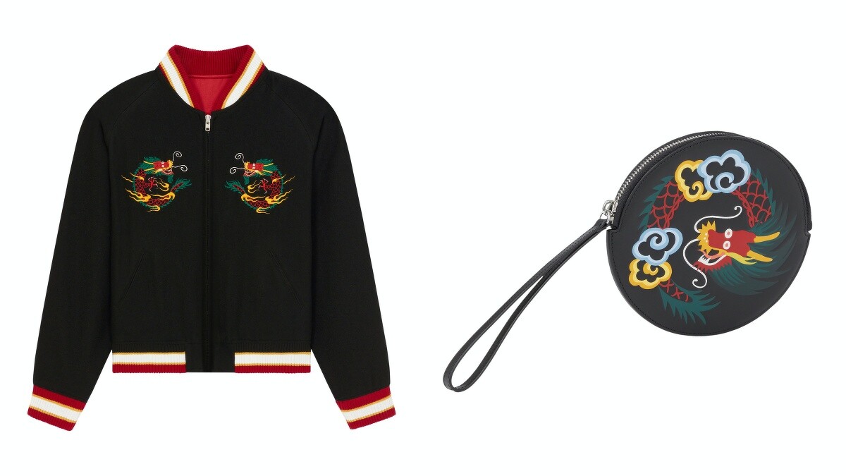 虎龍舞韻黑色雙面橫須賀外套 $57,800、龍繡綵云黑色手拿包 NT.10,800