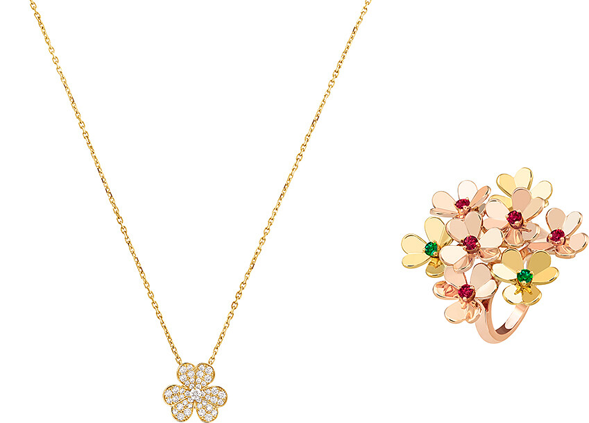 Frivole 吊墜小型款，(黃K金、圓鑽)。Frivole 8花戒指(黃K金、玫瑰金、紅寶石、祖母綠)。