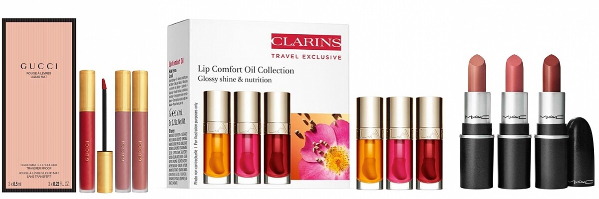 GUCCI古馳三入組傾色雲霧唇釉春季禮盒特惠組NT3,900。CLARINS克蘭詩植萃凝亮潤唇油特惠組NT2,260。M.A.C經典熱吻迷你唇膏三支裝NT1,530