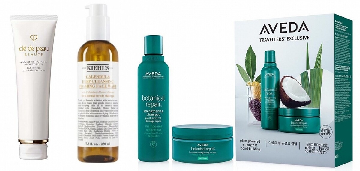 CLE DE PEAU肌膚之鑰精萃光采柔潤潔膚皂NT1,750。KIEHL'S金盞花植物精華潔面泡泡凝露NT1,065。AVEDA花植結構重鍵特惠組NT2,440。