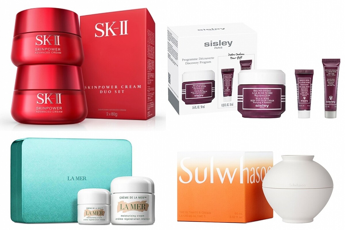 SK-II肌活能量活膚霜雙瓶裝NT10,800。SISLEY黑玫瑰彈潤水凝霜套組NT5,360。LA MER海洋拉娜經典潤澤乳霜兩件特惠組60ml+15ml，NT12,420。SULWHASOO雪花秀極致臻秀乳霜NT12,750。