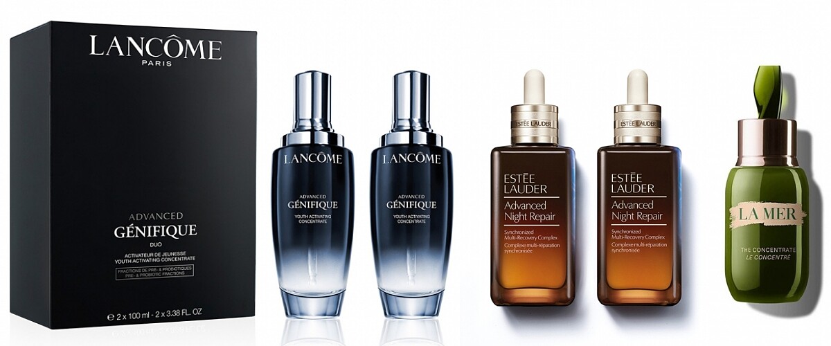 LANCOME蘭蔻超未來肌因賦活露100ml大容量特惠組售價NT10,980、 優惠價NT9,882。ESTEE LAUDER雅詩蘭黛特潤超導全方位修護露100ml大容量特惠組NT9,980。LA MER海洋拉娜濃萃修復精華50ml，NT19,170。