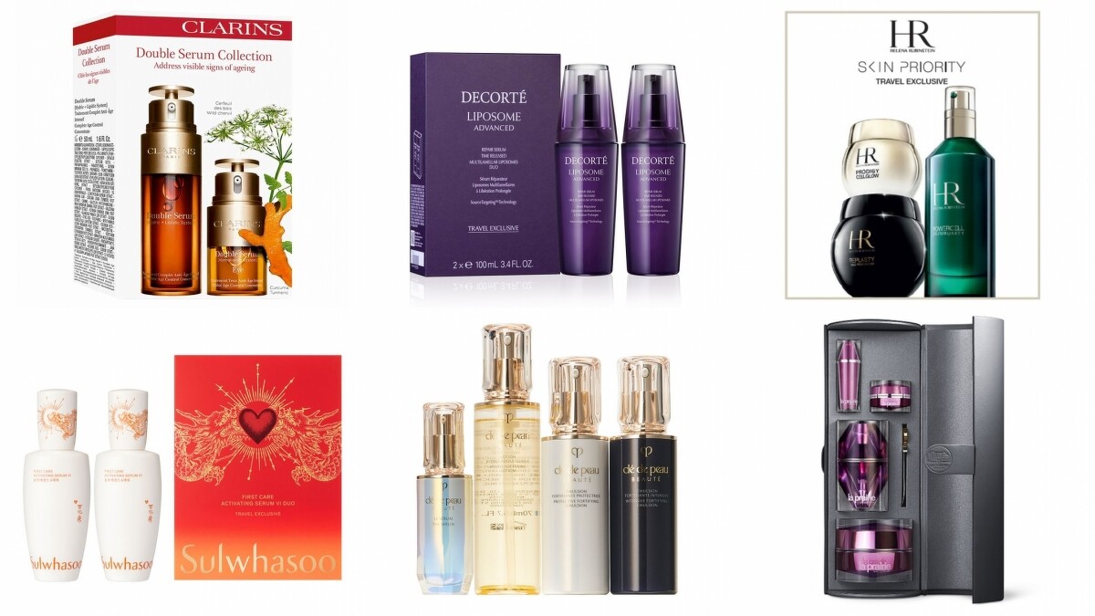 CLARINS克蘭詩黃金雙激萃保養特惠組NT5,480。DECORTE黛珂超微導全能修護精粹雙瓶裝特惠組NT9,120。HELENA RUBINSTEIN赫蓮娜PROG TREX 3 ICON SET黑繃帶修護乳霜+極萃高光新生眼霜+綠寶瓶修護精華特惠組NT25,900。SULWHASOO雪花秀潤燥養膚精華兩件特惠組NT5,560。CLE DE PEAU肌膚之鑰精萃光采系列精華乳特惠組NT15,770。LA PRAIRIE萊珀妮鉑金臻稀奢華假日儀典NT68,480