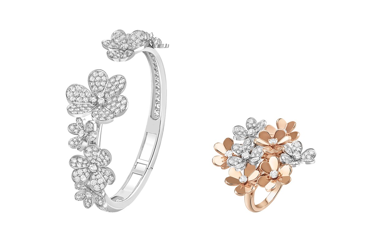 Frivole 7花手鐲(白K金、鑽石)；Frivole 8花戒指(玫瑰金、白K金、鑽石)。
