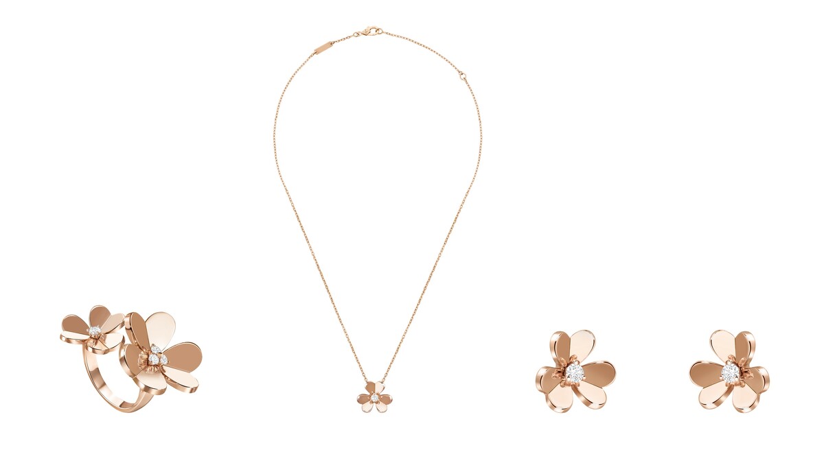 Frivole Between the Finger指間戒(玫瑰金、鑽石)；Frivole小號吊墜(玫瑰金、鑽石)；Frivole小號耳環(玫瑰金、鑽石)。