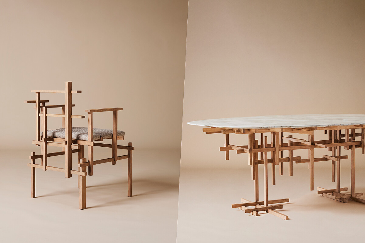 《Migumi》餐桌和座椅使用白橡木和卡拉卡塔大理石等天然材料製成。