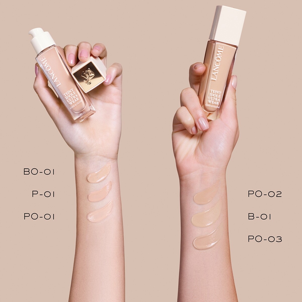 Lancome蘭蔻零粉感光澤持妝粉底6色手部試色。