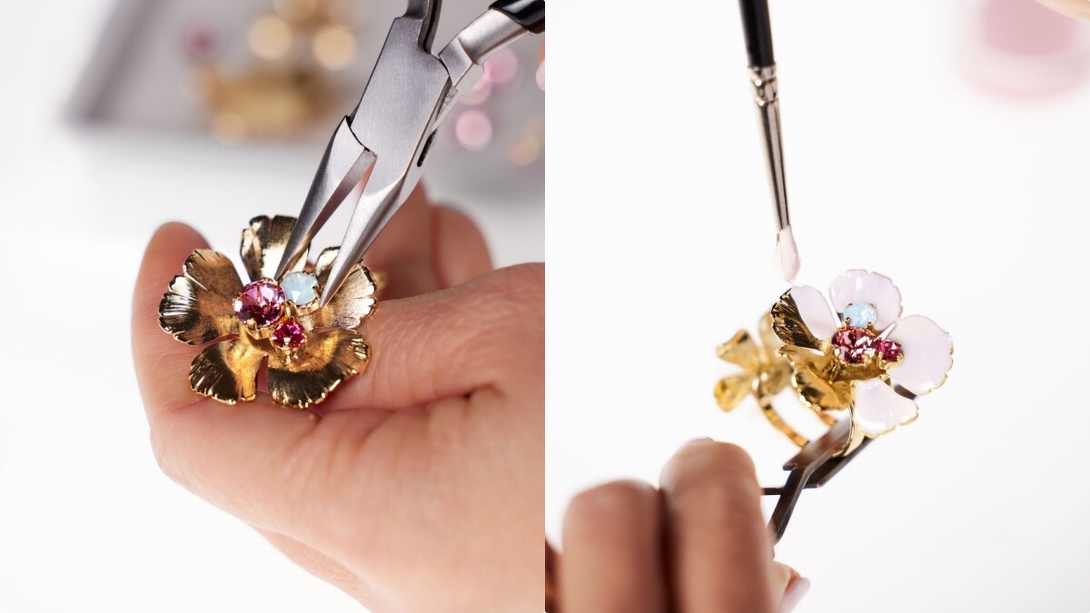 嬌蘭花冠粉櫻淡香水珠櫻流蘇蜂印瓶工藝情境圖。