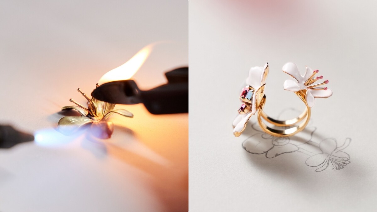 嬌蘭花冠粉櫻淡香水珠櫻流蘇蜂印瓶工藝情境圖。