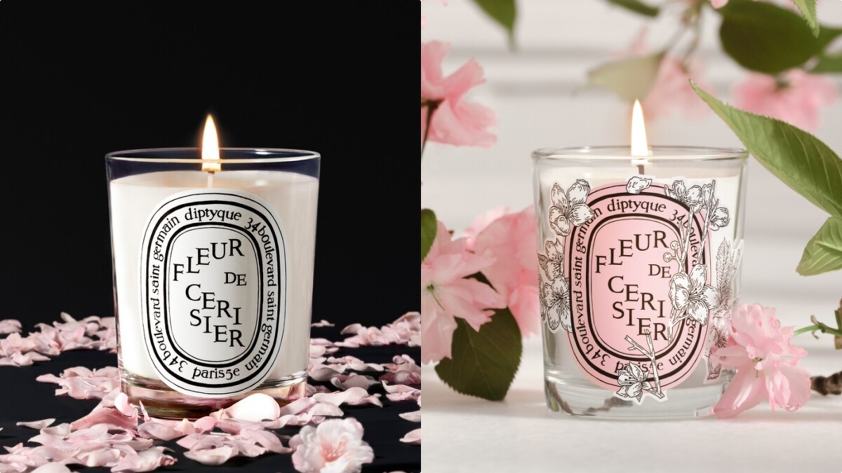 (左) Diptyque 2023限量櫻花香氛蠟燭、(右) 2024限量櫻花香氛蠟燭情境圖。