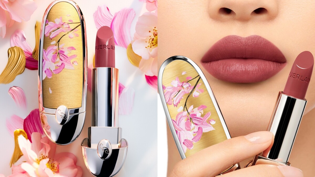 嬌蘭紅寶之吻高訂唇膏月見粉櫻限定版主視覺與試色唇圖。