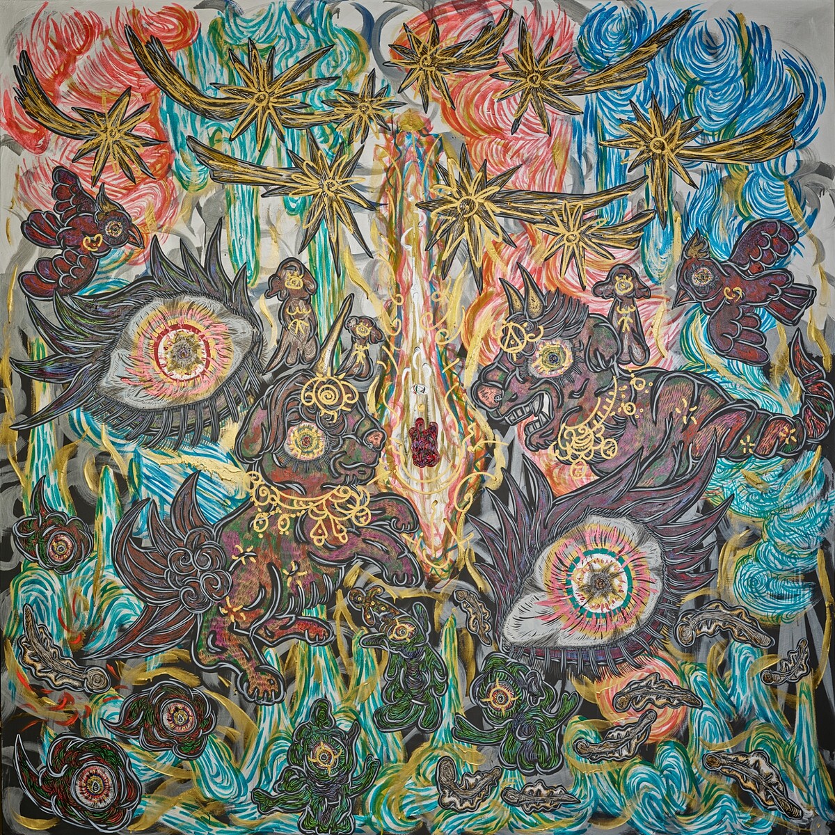 小松美羽 Miwa Komatsu, 靈魂的時光 Time of the Spirits, 2023, 壓克力、畫布 Acrylic on canvas, 259.0 &times; 259.0 cm