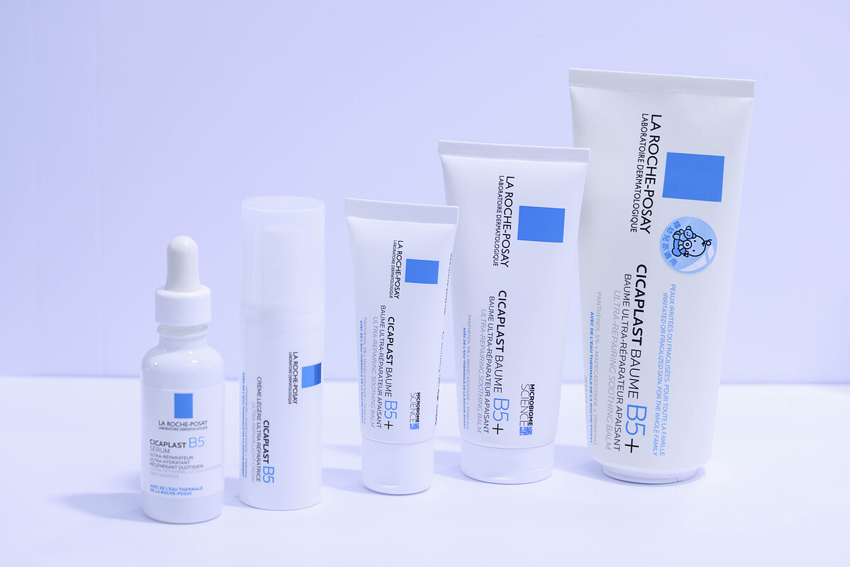 理膚寶水(左起)B5繃帶精華、B5修復凝乳、B5萬用霜40ml、B5萬用霜100ml、B5萬用霜十週年限定200ml。