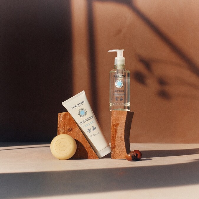 (左起)L'OCCITANE歐舒丹乳油木橙花淨透潔面皂75g，NT800、乳油木橙花淨透潔面乳、乳油木橙花淨透潔膚水。