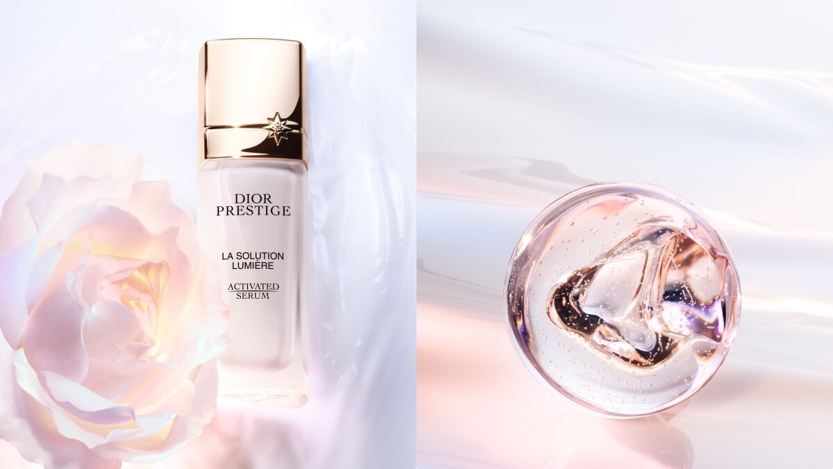 (左)Dior迪奧精萃再生光燦淨白精華30ml，NT17,200。(右)淨白玫瑰胜肽複合物情境圖。