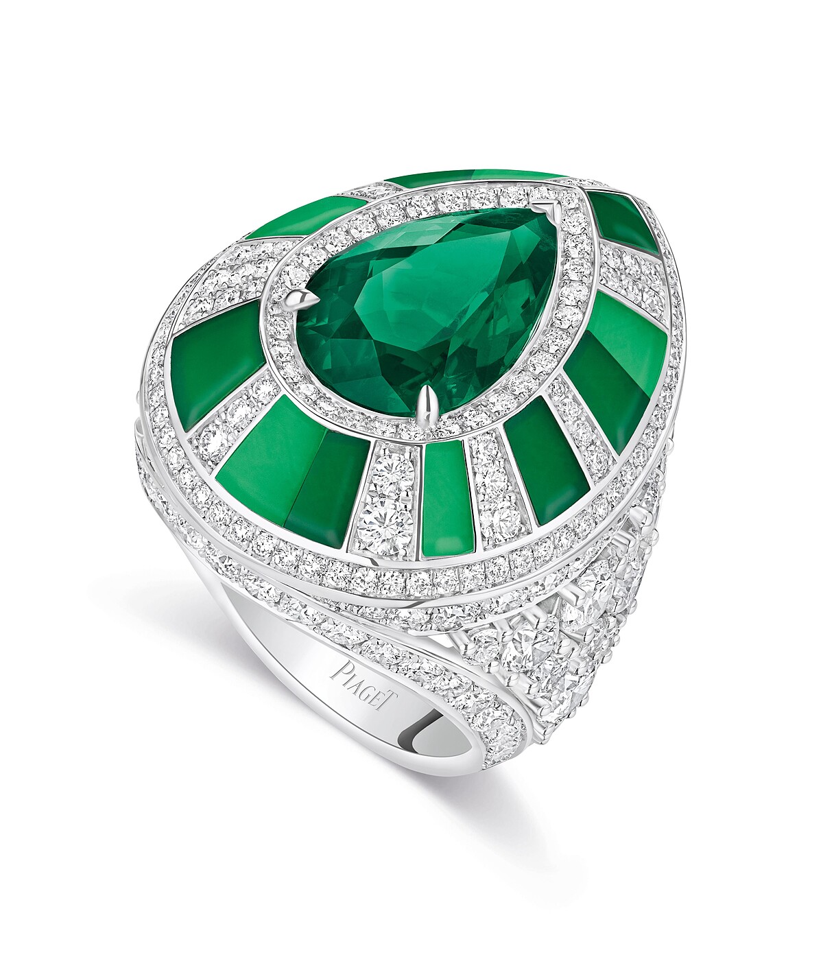 PIAGET Metaphoria 頂級珠寶系列Foliatura 18K白金祖母綠鑽石戒指，NT$12,100,000。