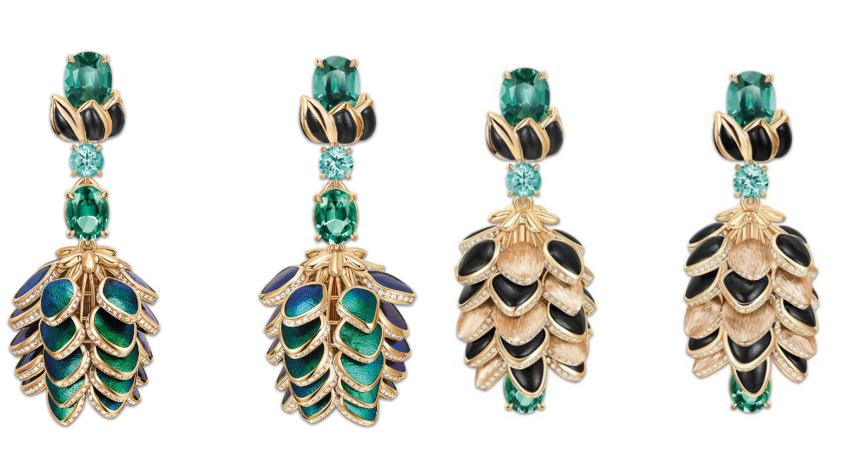 PIAGET Metaphoria 頂級珠寶系列Silua 18K玫瑰金綠碧璽鑽石耳環，NT$11,100,000。