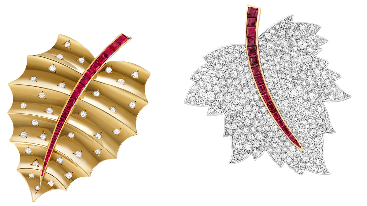Heritage典藏系列Leaf胸針(1943年，黃K金、紅寶石、鑽石)；Leaf胸針(1947年，鉑金、黃K金、白K金、紅寶石、鑽石)。