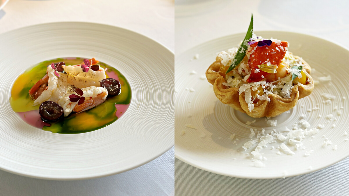 「炭烤赤蝦、山椒燴葡萄、絲綢乳酪」、「龍蝦黑松露炒蛋鹹派」
