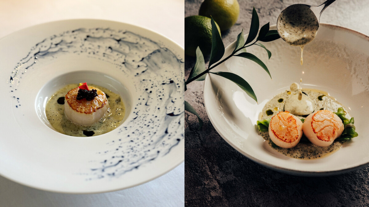 「炙燒北海道生食干貝、檸檬葉油、海藻白酒醬汁」