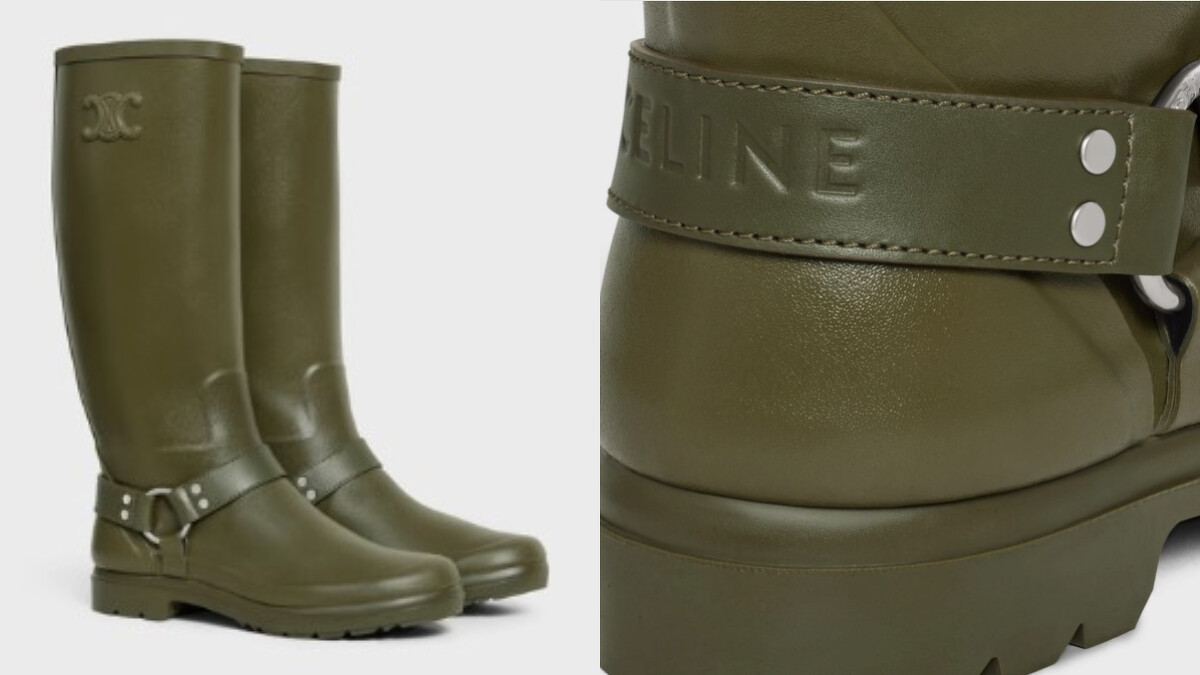 卡其色橡膠和小牛皮高級長筒雨靴，Celine。