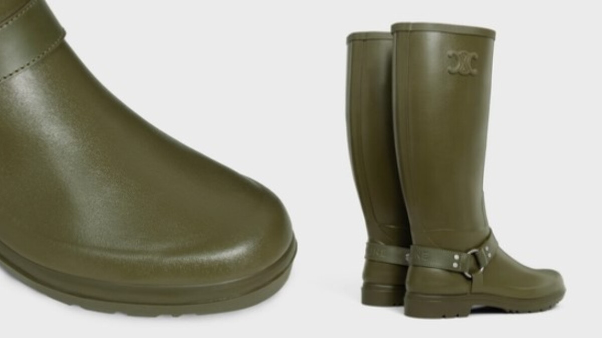 卡其色橡膠和小牛皮高級長筒雨靴，Celine。