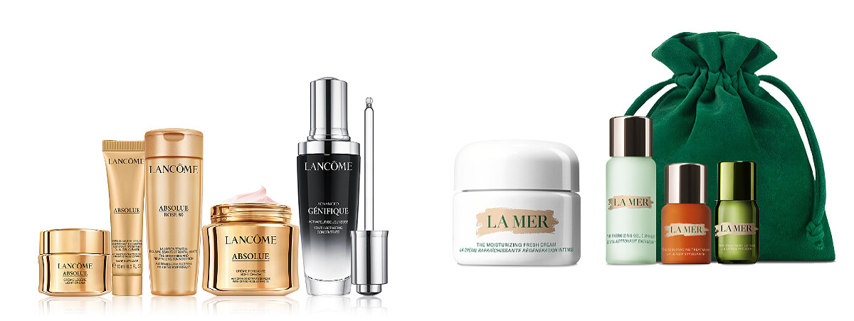 LANCOME 絕對完美小奢組，特價9,990元，價值17,755元（56折）。LA MER 晶凍凝霜超能凈膚組 特價7800元，價值10,110元（77折）&rarr;4月8日限定買即加贈skm points 3,000點（獨家限量）。