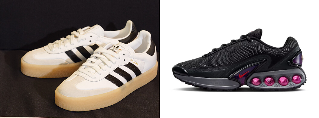 adidas originals Sambae OG運動休閒鞋，推薦價3,490元。Nike Air Max Dn 推薦價5,400元（新品上市）。