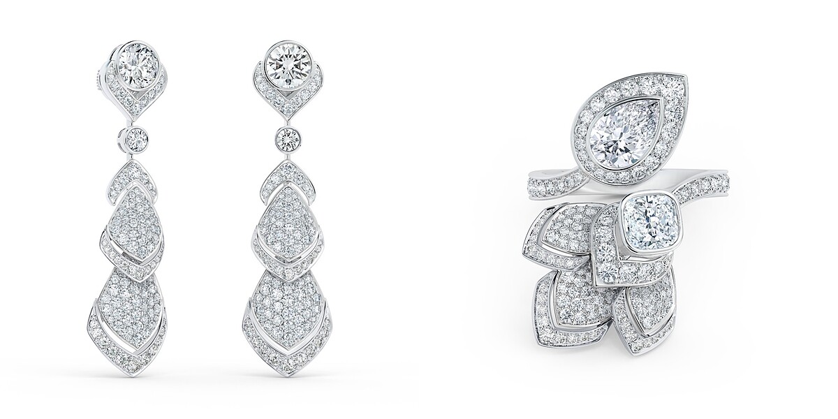 Metamorphosis by De Beers 高級珠寶系列全新Spring 18K白金鑽石垂墜式耳環。（左圖）、Metamorphosis by De Beers 高級珠寶系列全新Spring 18K白金鑽石Toi et Moi戒指。（右圖）