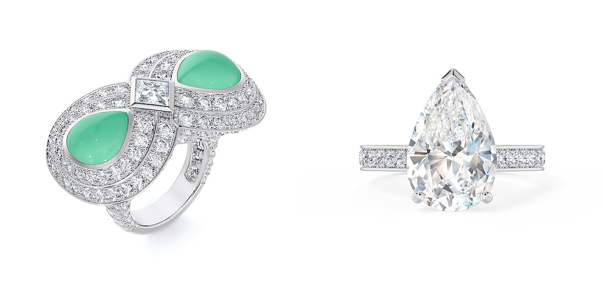 De Beers The Alchemist of Light高級珠寶系列Midnight Aura高級珠寶鑽石雞尾酒戒指。（左圖）、De Beers Old Bond Street高級珠寶梨形鑽石戒指。（右圖）