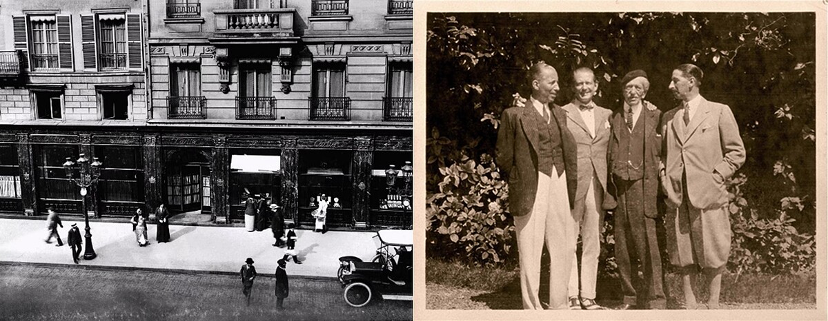 (圖左)1899年在Louis Cartier的推動下，Cartier進駐了巴黎和平街13號的傳奇店面。(圖右) Alfred Cartier（右2）與他的3個兒子Pierre（左起）、Louis及Jacques。